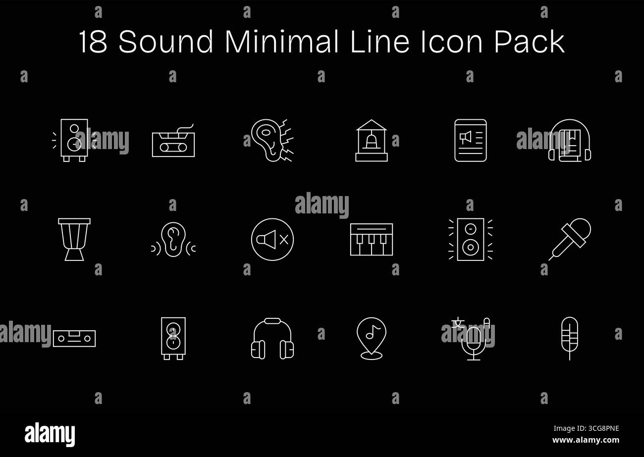 A dynamic set of 18 icons in Minimal Line style, tailored for Sound and suited for digital products. Stock Vector