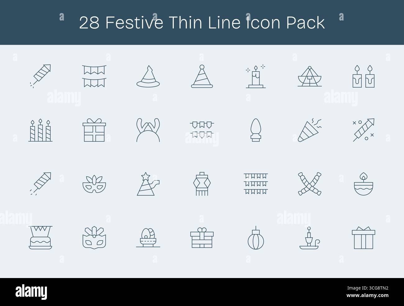 A dynamic set of 28 icons in Thin Line style, tailored for Festive and ...