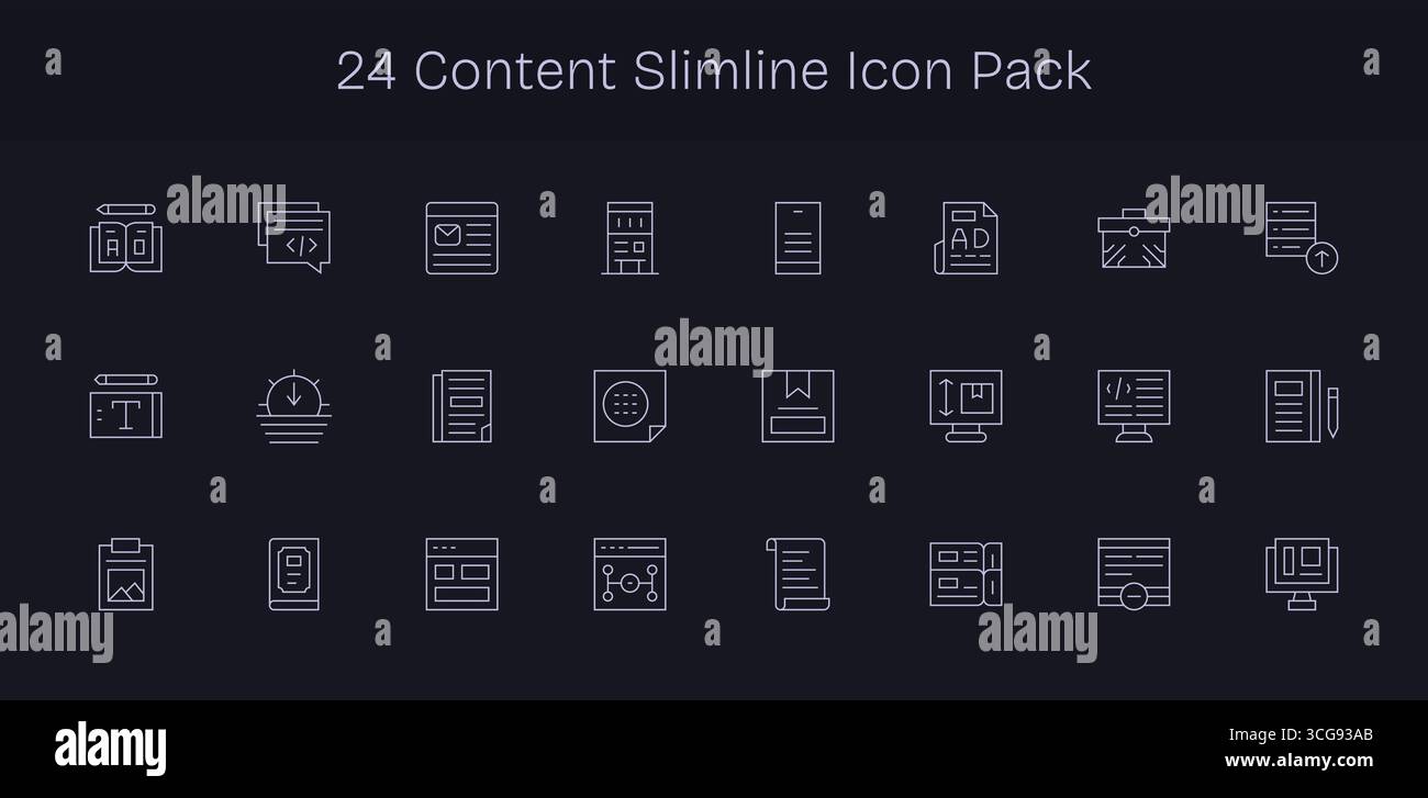 A clean collection of 24 Slim Line icons representing Content, designed ...
