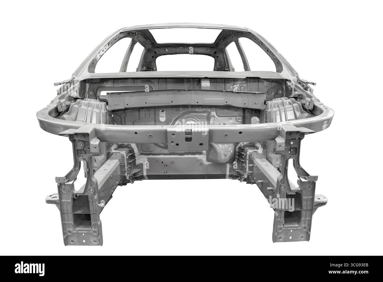 Custom car being build in workshop. Sports car body, car frame is assembled by mechanics. Metallic auto chassis in the air, car skeleton in service Stock Photo