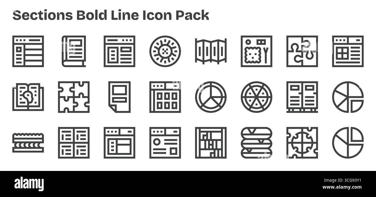 A clean collection of 24 Bold Outline icons representing Sections ...