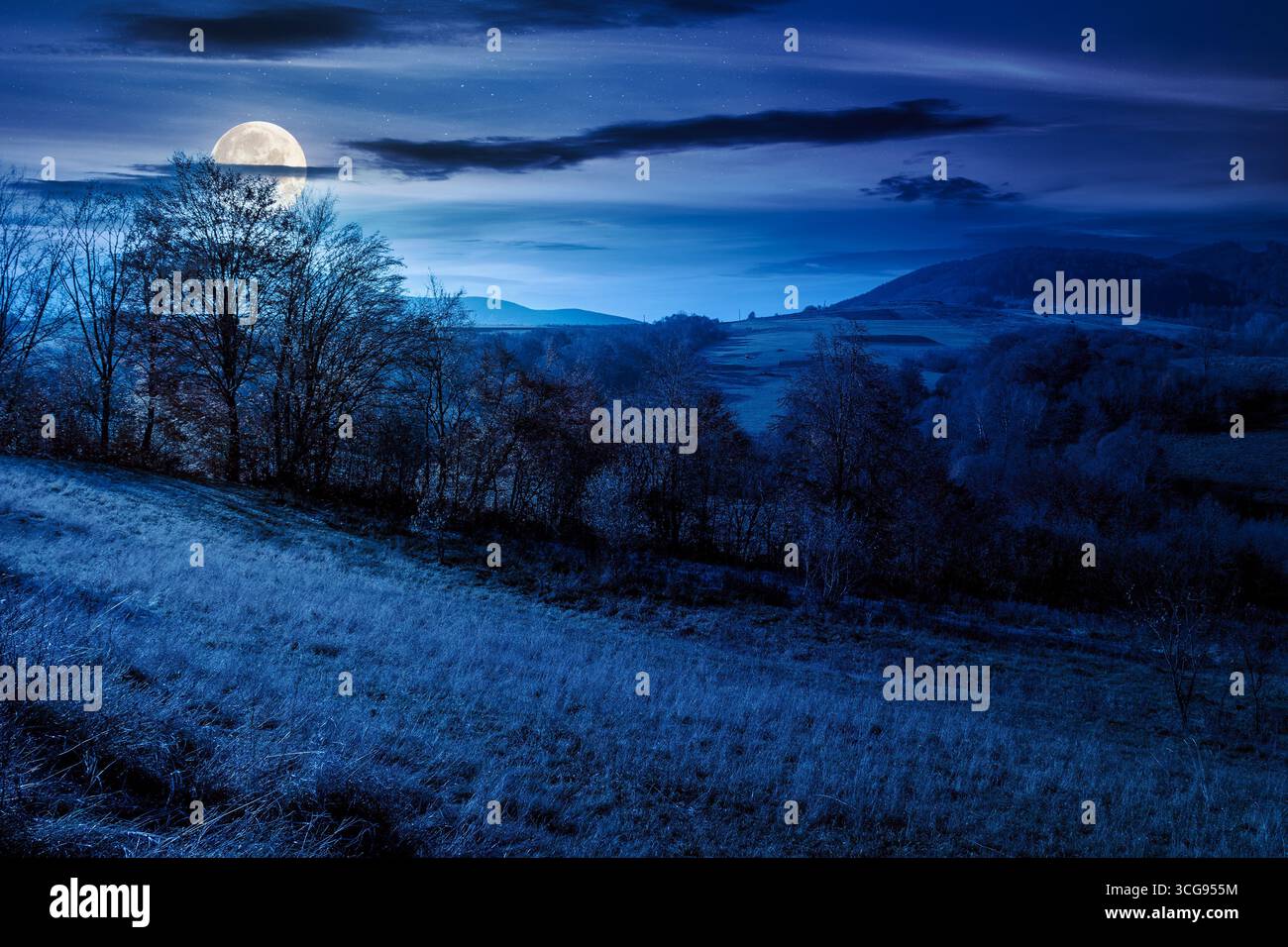 rural landscape in autumn at night. trees on rolling hills in full moon light. scenic view of mountainous countryside in fall season. scenery on a sun Stock Photo