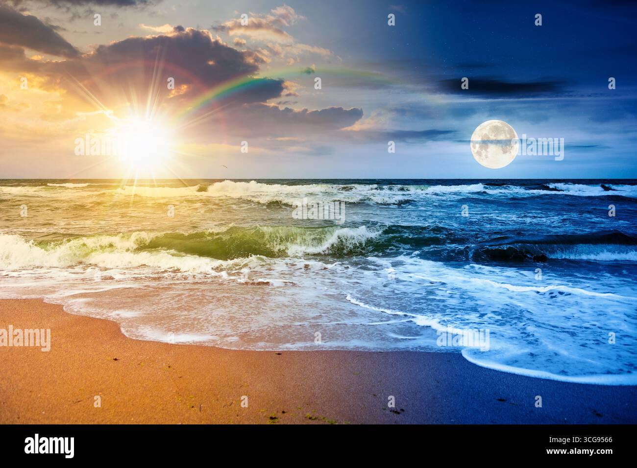 stormy sea landscape with splashing green waves under windy overcast sky with heavy cumulus clouds. day and night time change concept. spoiled summer Stock Photo