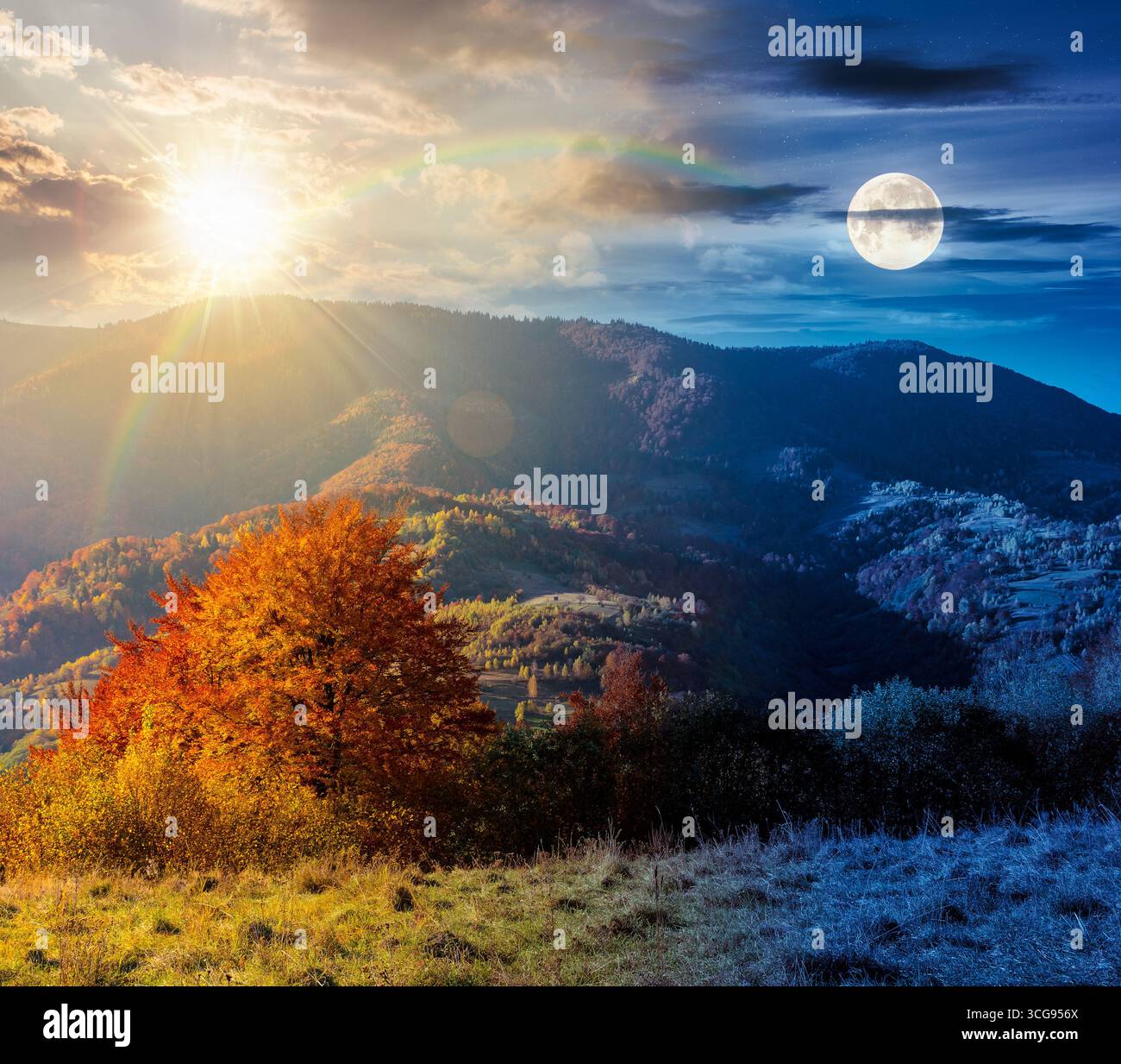 autumn mountain landscape. day and night time change concept. beautiful countryside in highlands with rural fields and colorful deciduous trees. rolli Stock Photo