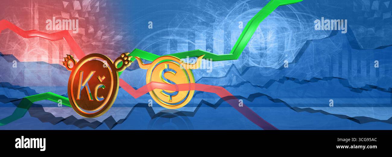 currency exchange rate background. dollar to koruna. financial crisis in eastern europe. money represented as bullish and bearish coins. 3D illustrati Stock Photo