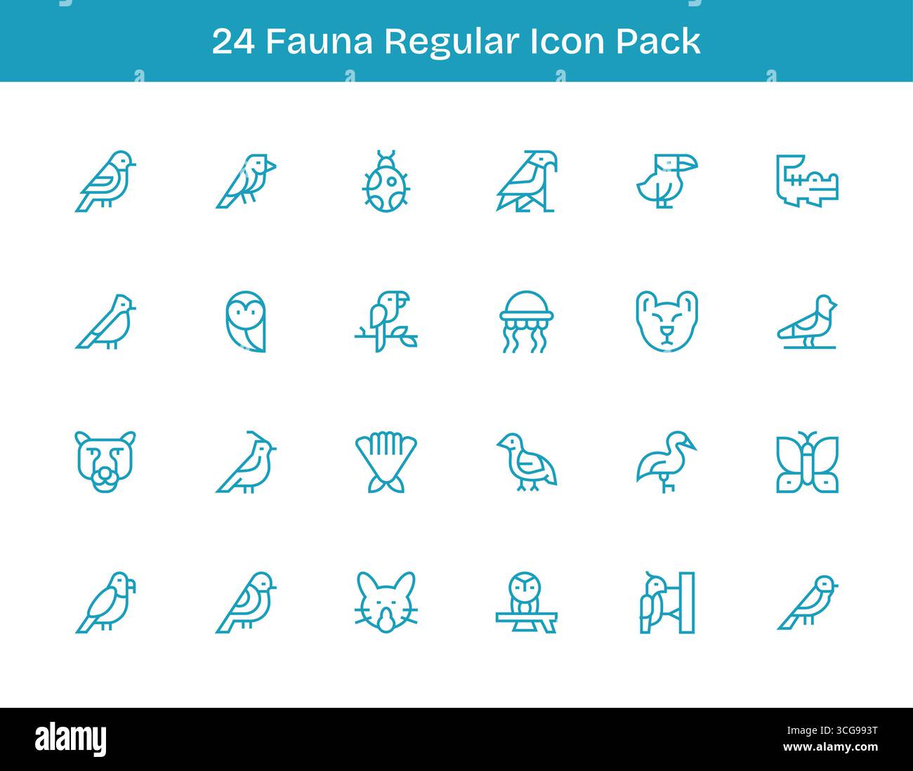 A clean collection of 24 Regular Outline icons representing Fauna ...