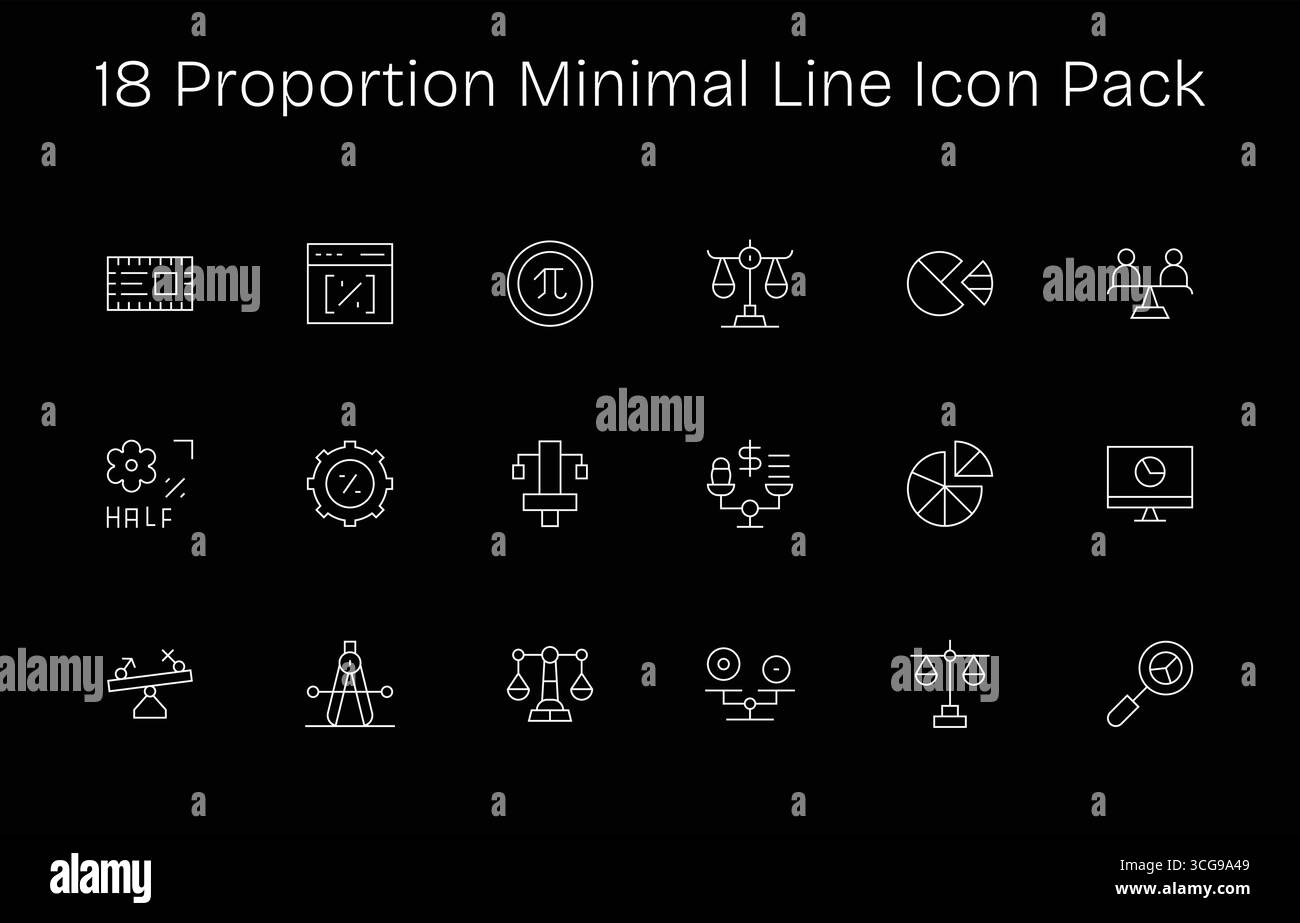 A clean collection of 18 Minimal Line icons representing Proportion ...