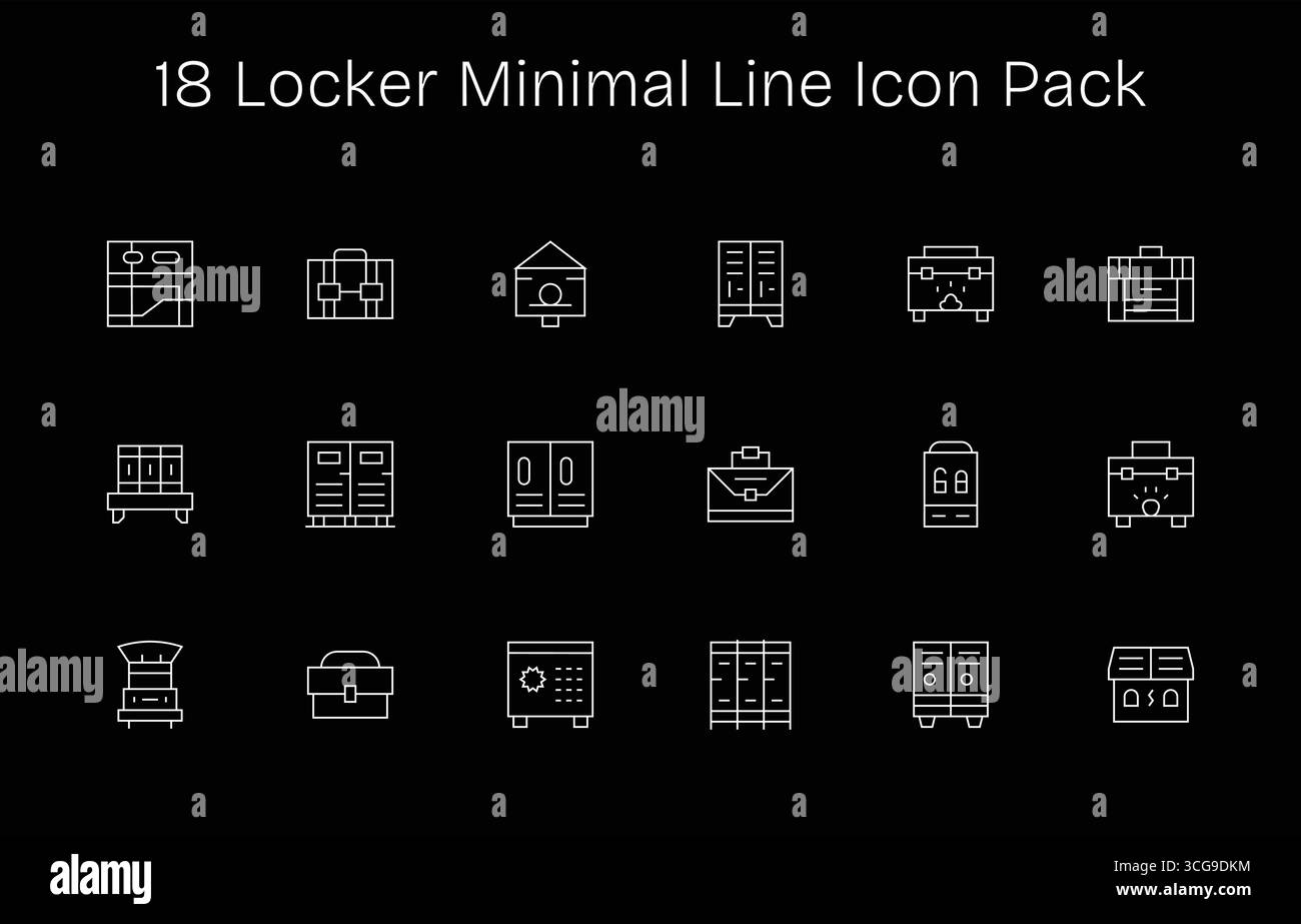 Curated pack of 18 vector icons in Minimal Line design, centered around Locker concepts. Stock Vector