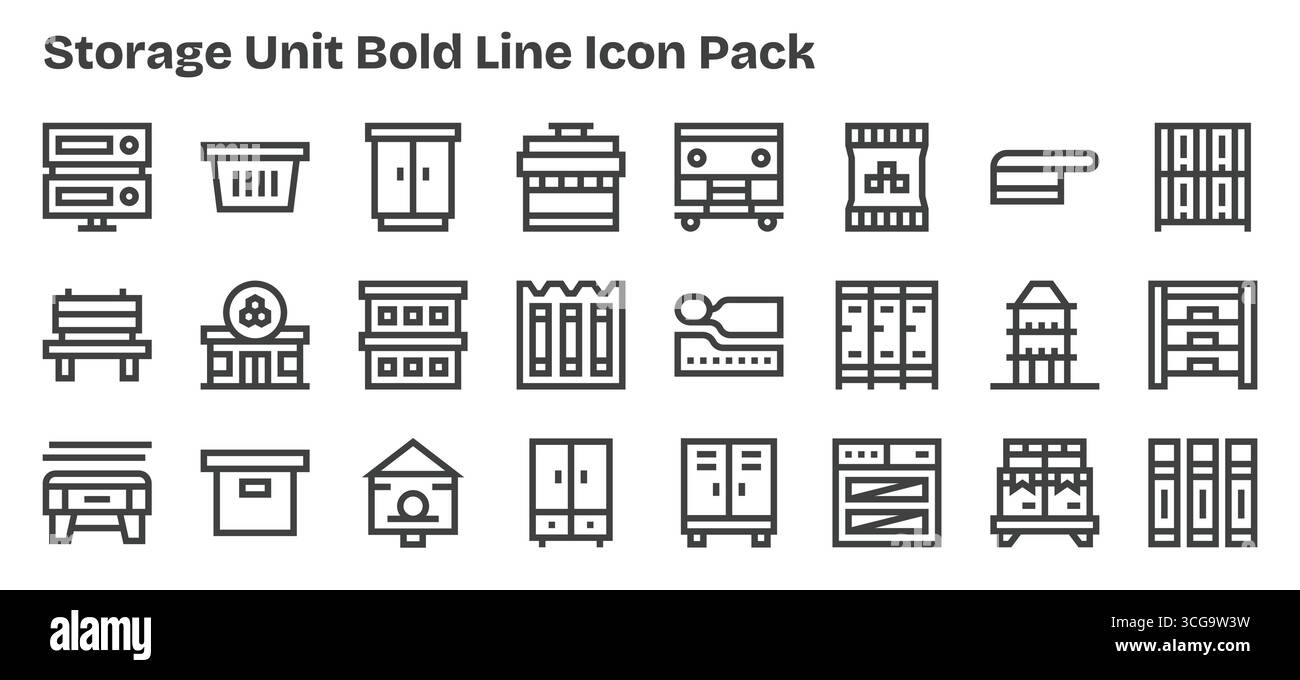 Enhance your projects with 24 Bold Outline icons themed around Storage Unit, ideal for clean and professional designs. Stock Vector