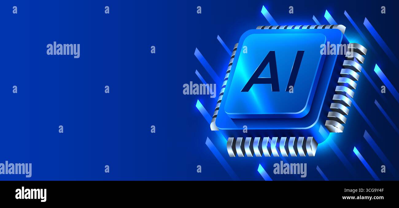 Brightly glowing AI computer chip. Technology concept. CPU processor. Computer microchip. Vector illustration Stock Vector