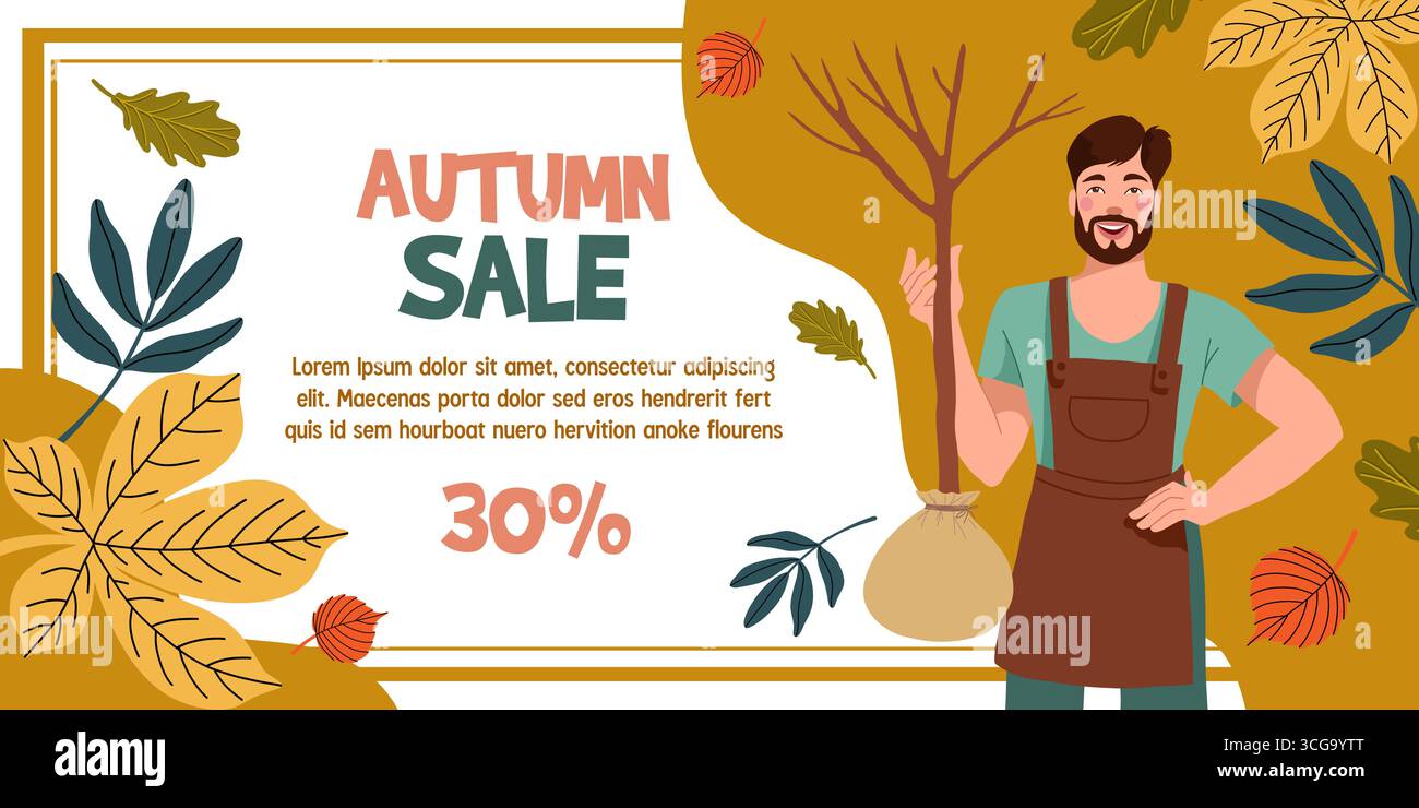 Banner Depicting a Man With Fruit Tree Seedling Stock Vector