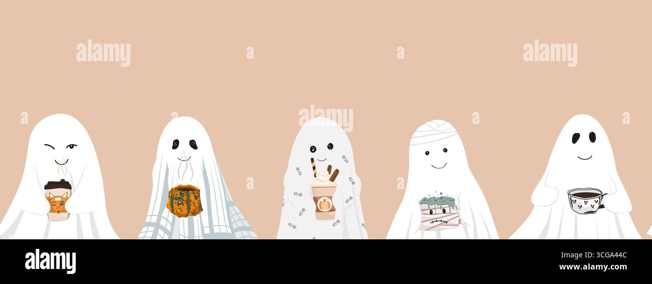 Halloween ghosts teatime seamless pattern. Fall vibes characters border, vector illustration Stock Vector