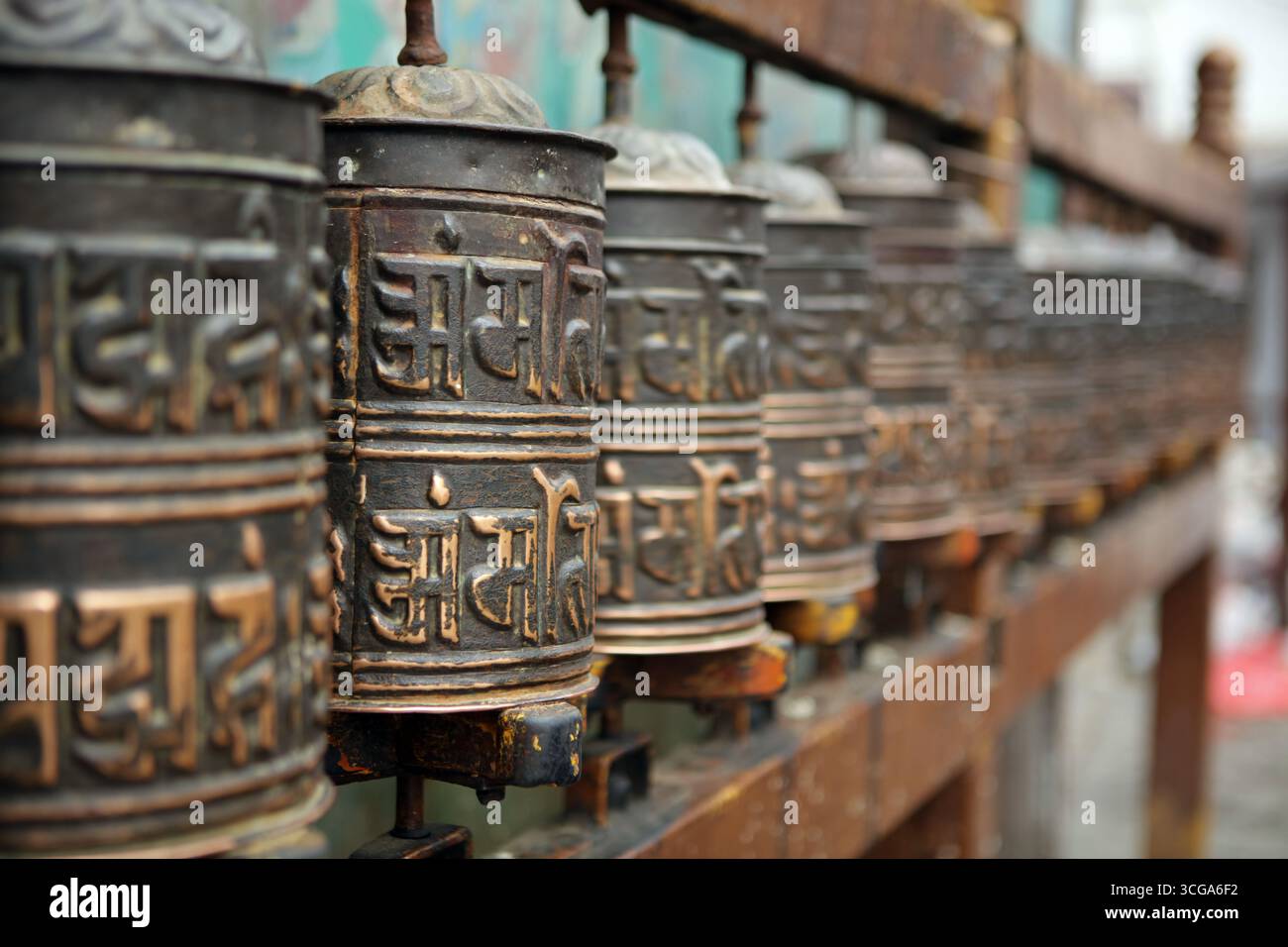 Sacred buddhist prayer wheels in the temple in Kathmandu, Nepal Stock ...