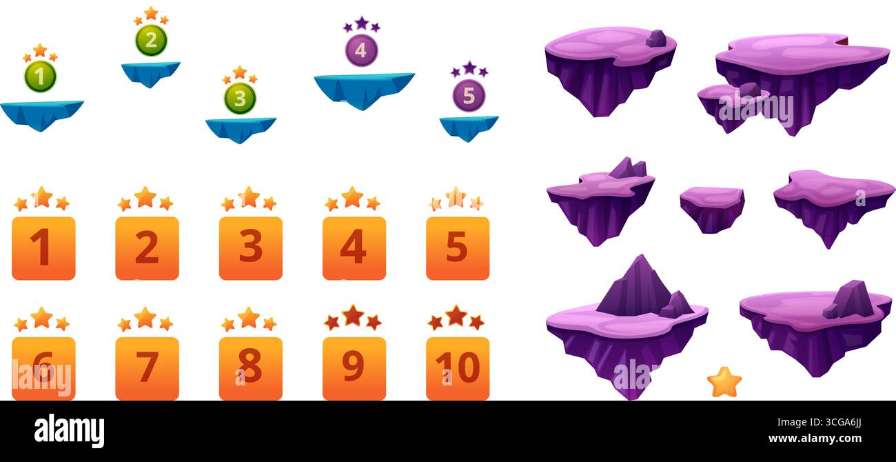 Levels elements. Game ui ux design. Floating islands with stars ...