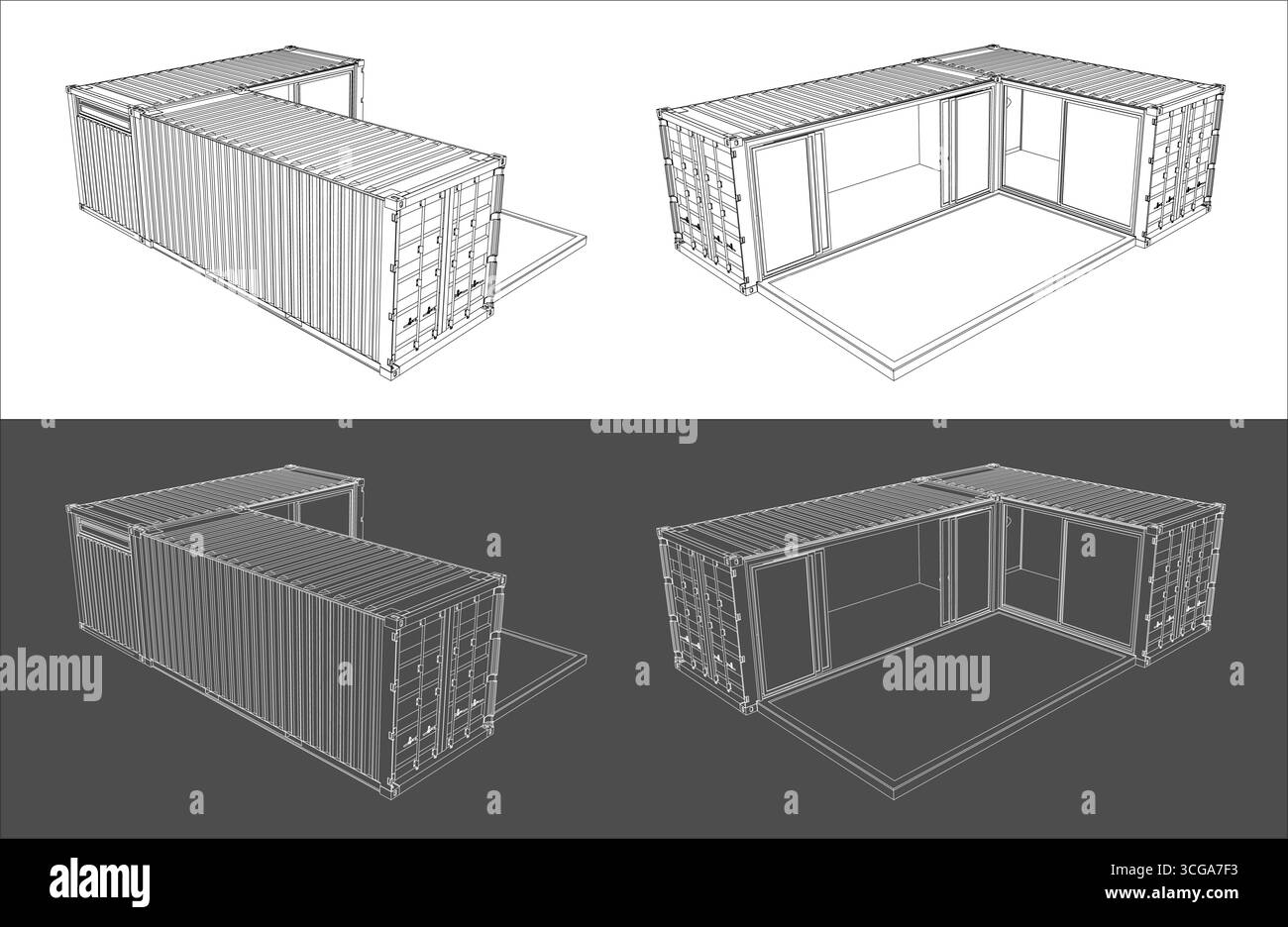 Blueprint of a Shipping Container House or Office, Multiple Angles and ...