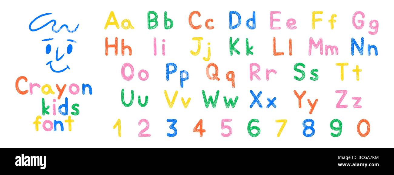 Playful crayon kids font with uppercase and lowercase letters and ...