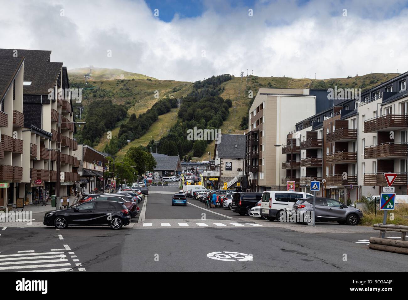 SUPER-BESSE, FRANCE, 22 JULY 2025: Summer view of the main street shops and hotels of Super Besse near Besse-et-Saint-Anastaise in Puy de Dome. The to - Stock Image