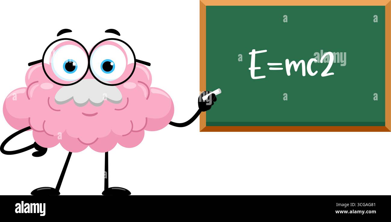Brain Professor Cartoon Character In Front Of Chalkboard With Formula. Vector Illustration Flat Design Stock Vector
