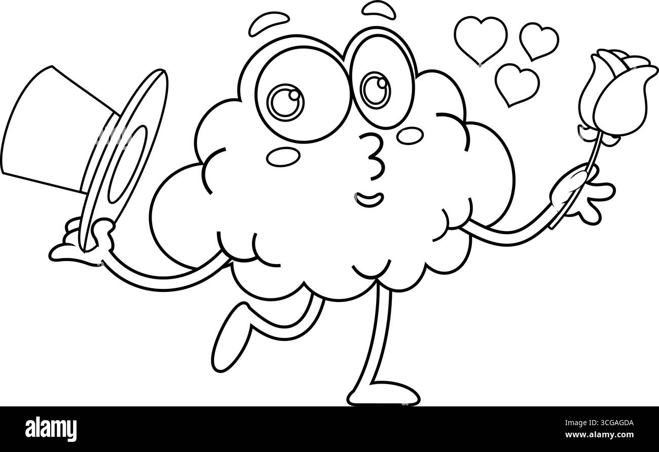 Outlined Romantic Brain Cartoon Character Holding A Rose. Vector Hand ...