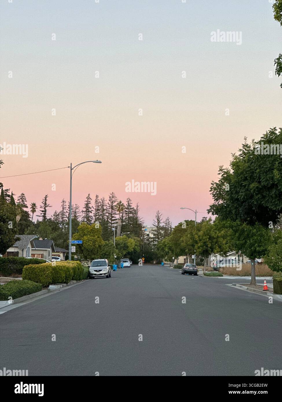 A quiet residential street with a painted STOP sign on the asphalt, lined with houses, trees, and cars at dusk in California - Smartphone Captured Stock Image