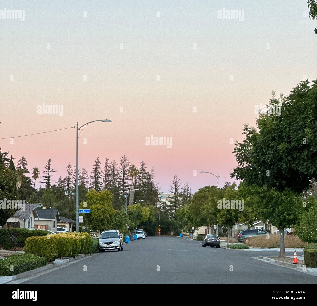 A quiet residential street with a painted STOP sign on the asphalt, lined with houses, trees, and cars at dusk in California - Smartphone Captured Stock Image