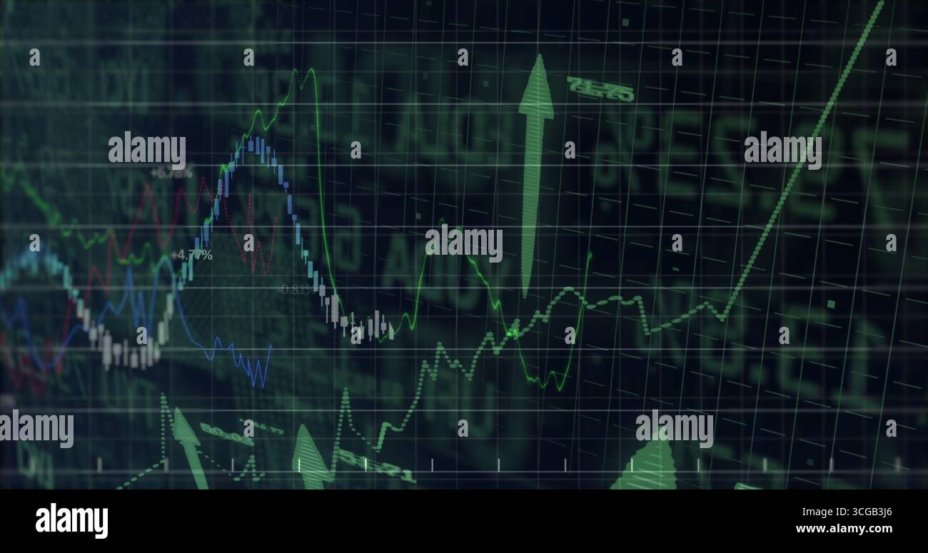 Displaying data rising on screen, with colored line graphs, candlesticks and ticker text Stock Photo