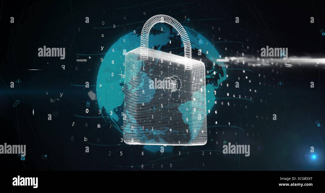 Hovering 3D padlock illustrating security in virtual network, with rotating globe and floating code Stock Photo