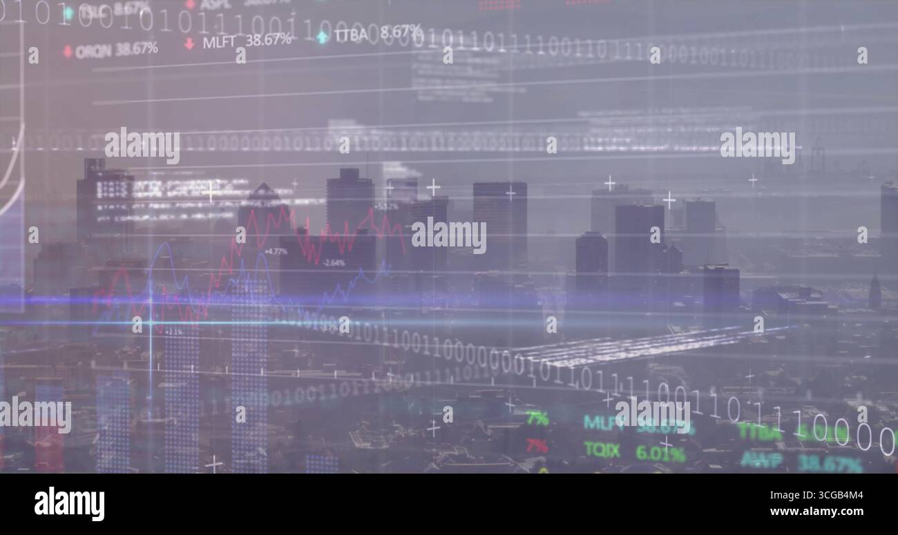Displaying futuristic city skyline under hazy sky with binary code ...