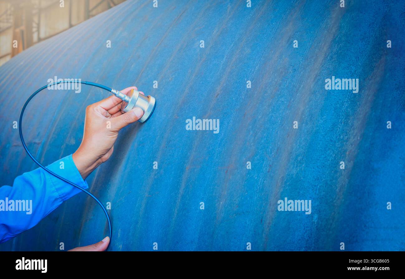 Inspector use ultrasonic testing machine for inspection defect in steel ...