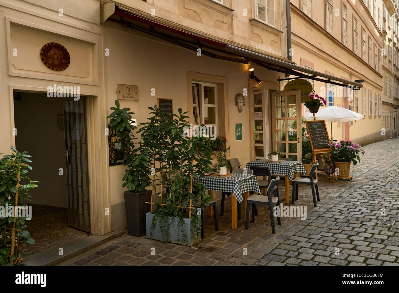 Close-up of a tiny Viennese café with two summer tables, potted flowers, white umbrella, cobblestone, and a historic white building, creating a charmi Stock Photo
