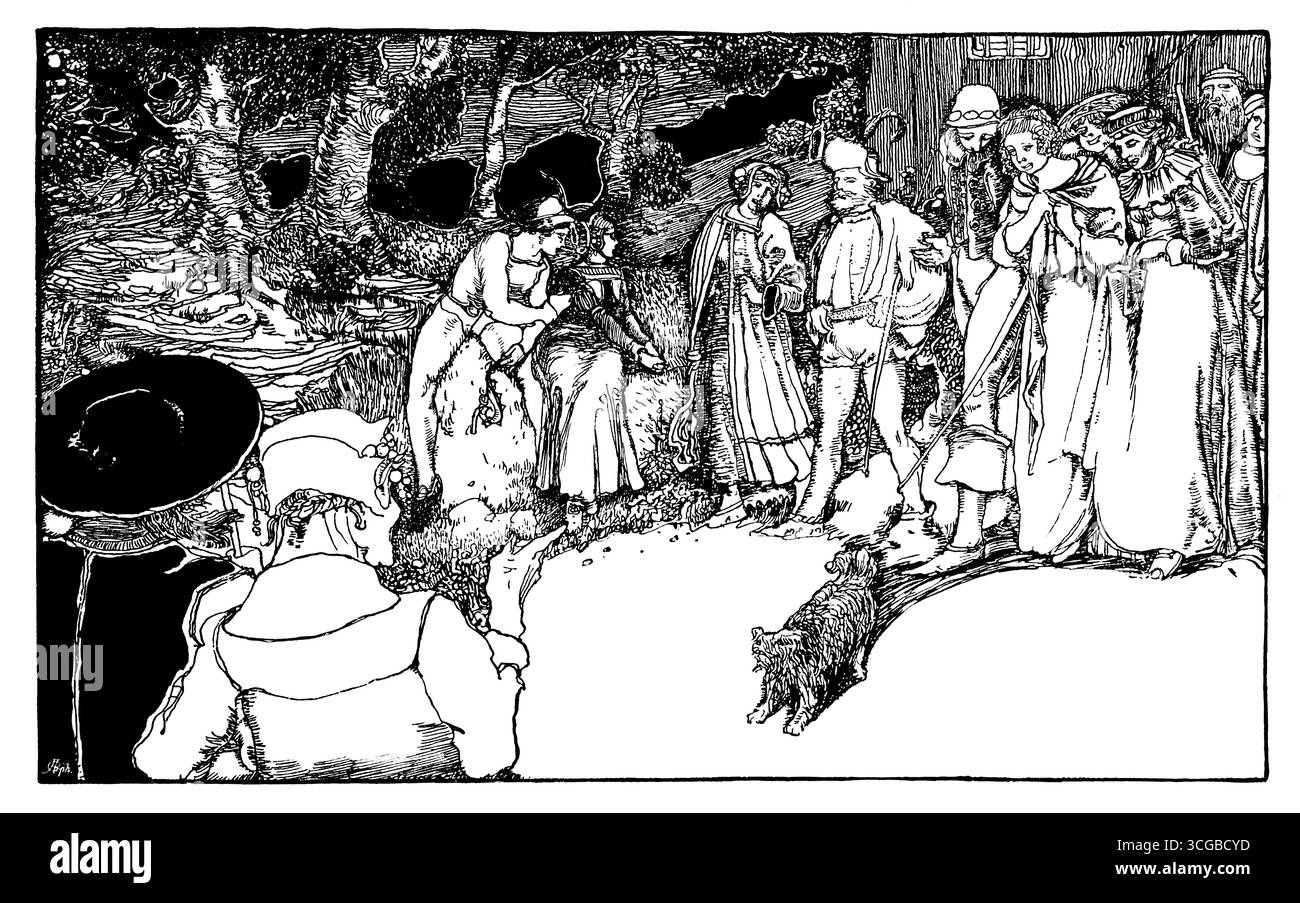 Art nouveau style illustration of Medieval village scene, by Scottish artist David Waterson from Studio Magazine 1905 Stock Photo