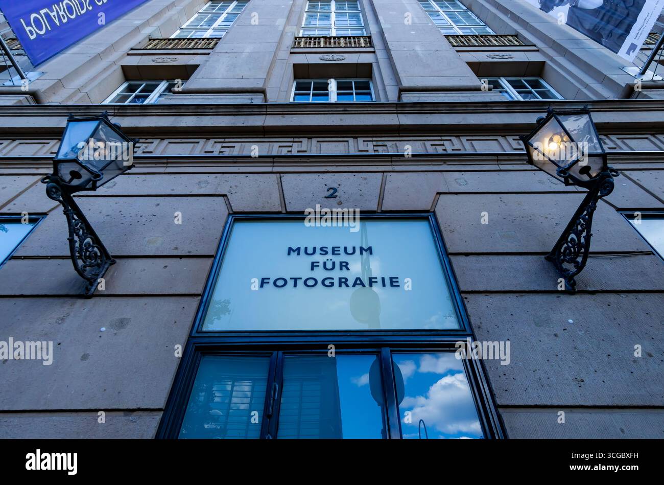 Facade view of Berlins Museum für Fotografie entrance, showcasing its neoclassical architecture and iconic signage. Stock Photo