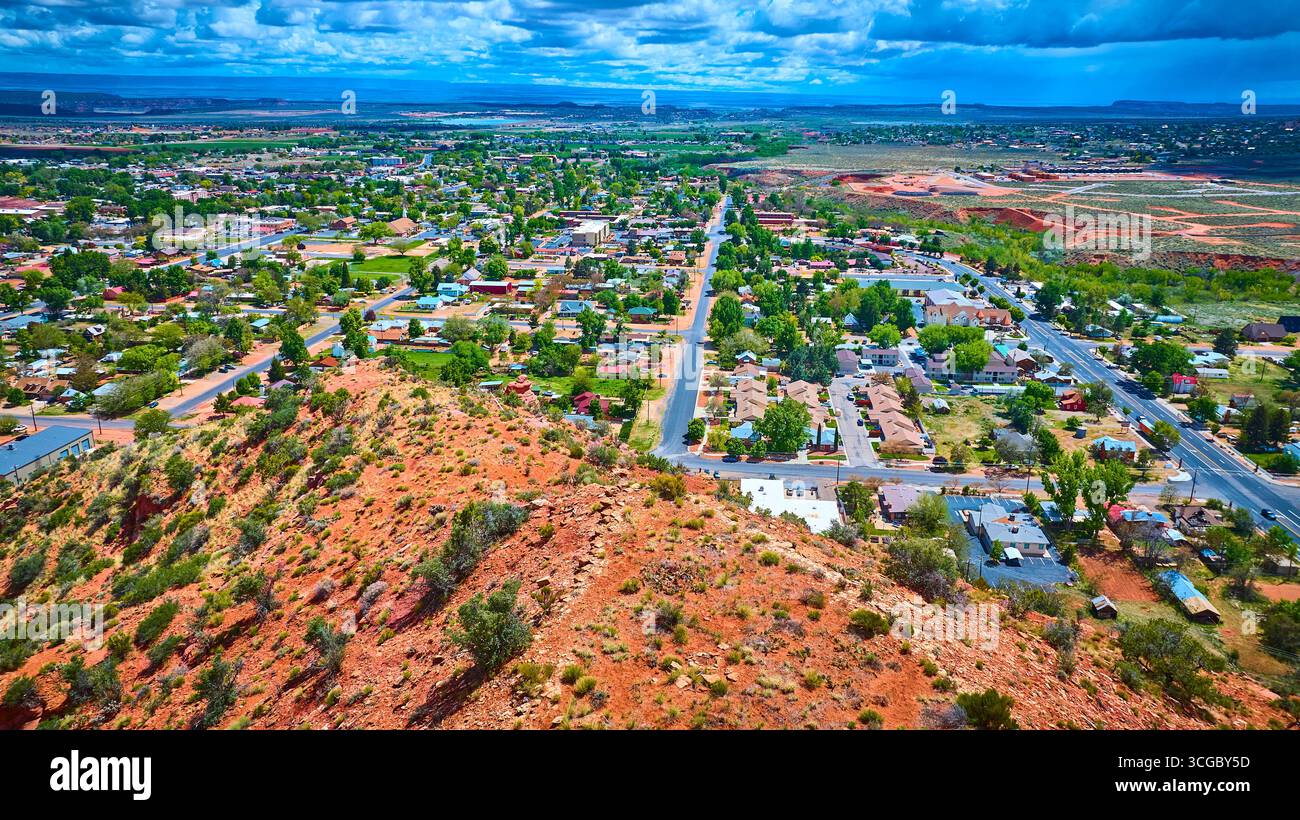 Aerial Small Town and Red Rock Desert Landscape Kanab Utah Stock Photo