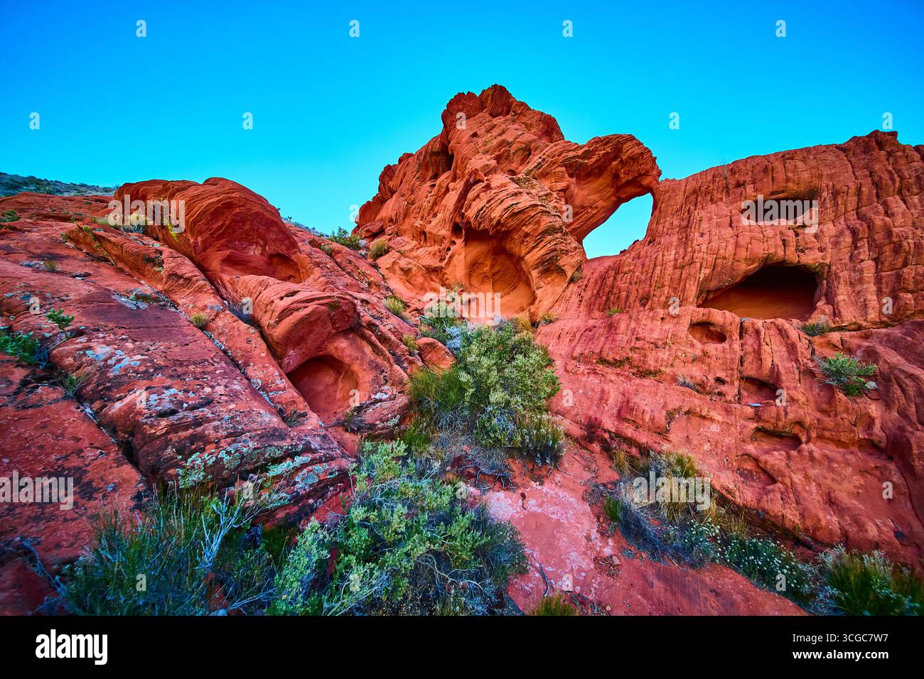 Red Sandstone Arch Formation with Eroded Rock and Desert Vegetation ...