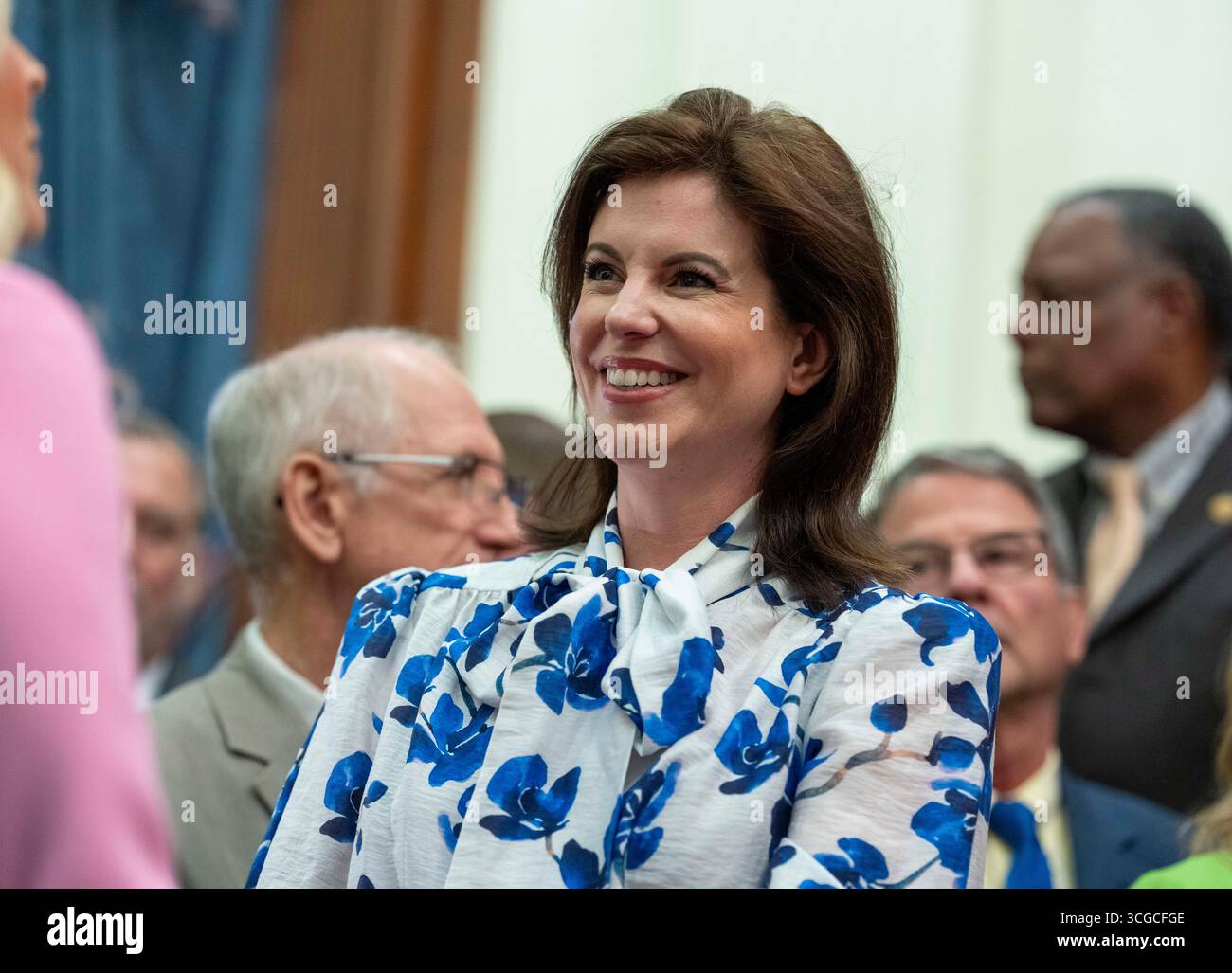 Austin, United States. 27th Aug, 2025. State Rep. ELLEN TROXCLAIR, R-Dripping Springs, looks on at the Texas Capitol as Governor Greg Abbott (not shown) finishes signing three Health-related bills regulating additives, forbidding welfare benefits to pay for sugary snacks and other health measures on August 27, 2025. Credit: Bob Daemmrich/Alamy Live News Stock Photo