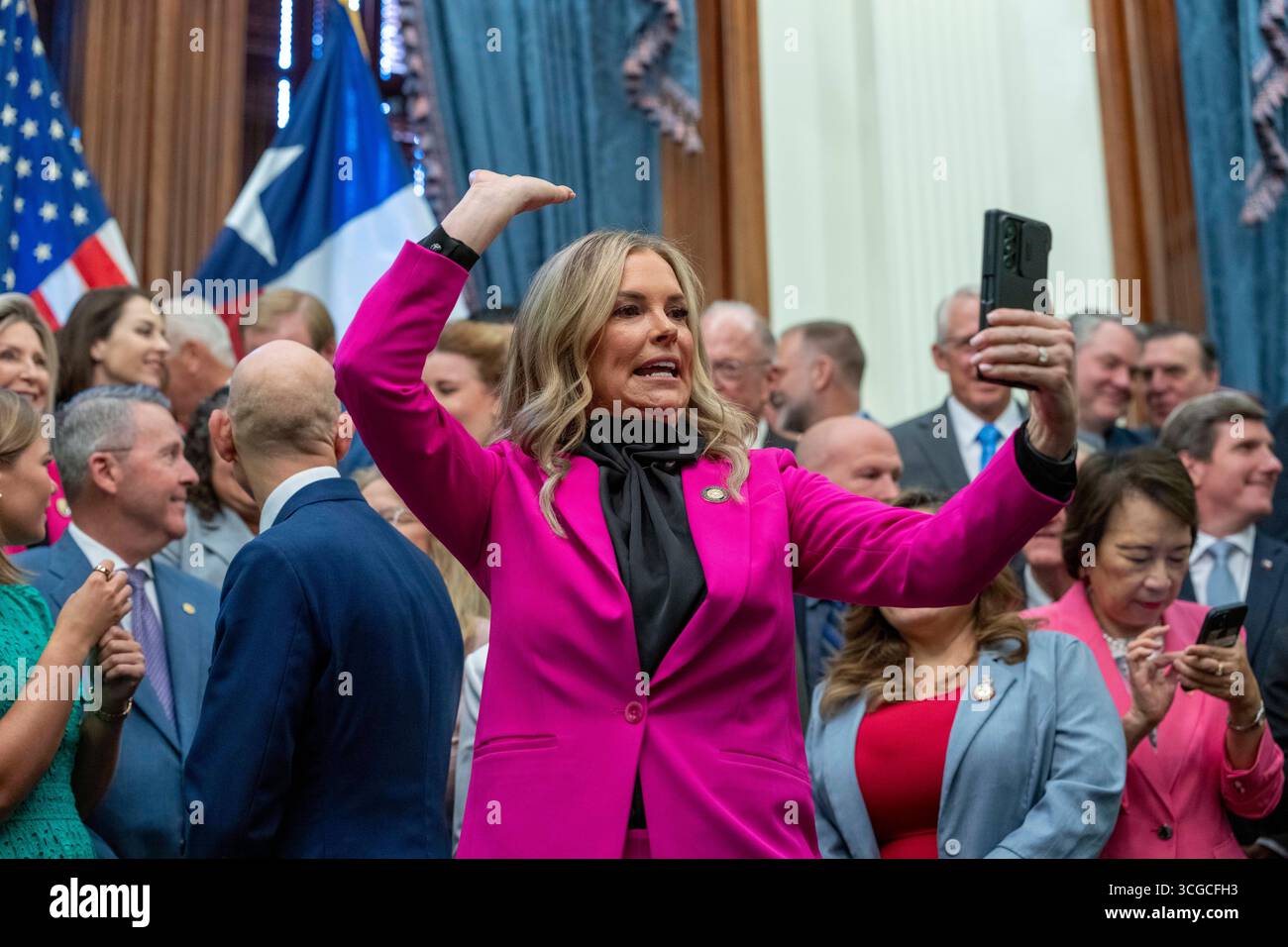 Austin, United States. 27th Aug, 2025. State Rep. SHELLEY LUTHER, R-Tom Bean, poses for a video at the Texas Capitol as Governor Greg Abbott (not shown) finishes signing three Health-related bills regulating additives, forbidding welfare benefits to pay for sugary snacks and other health measures on August 27, 2025. Credit: Bob Daemmrich/Alamy Live News Stock Photo