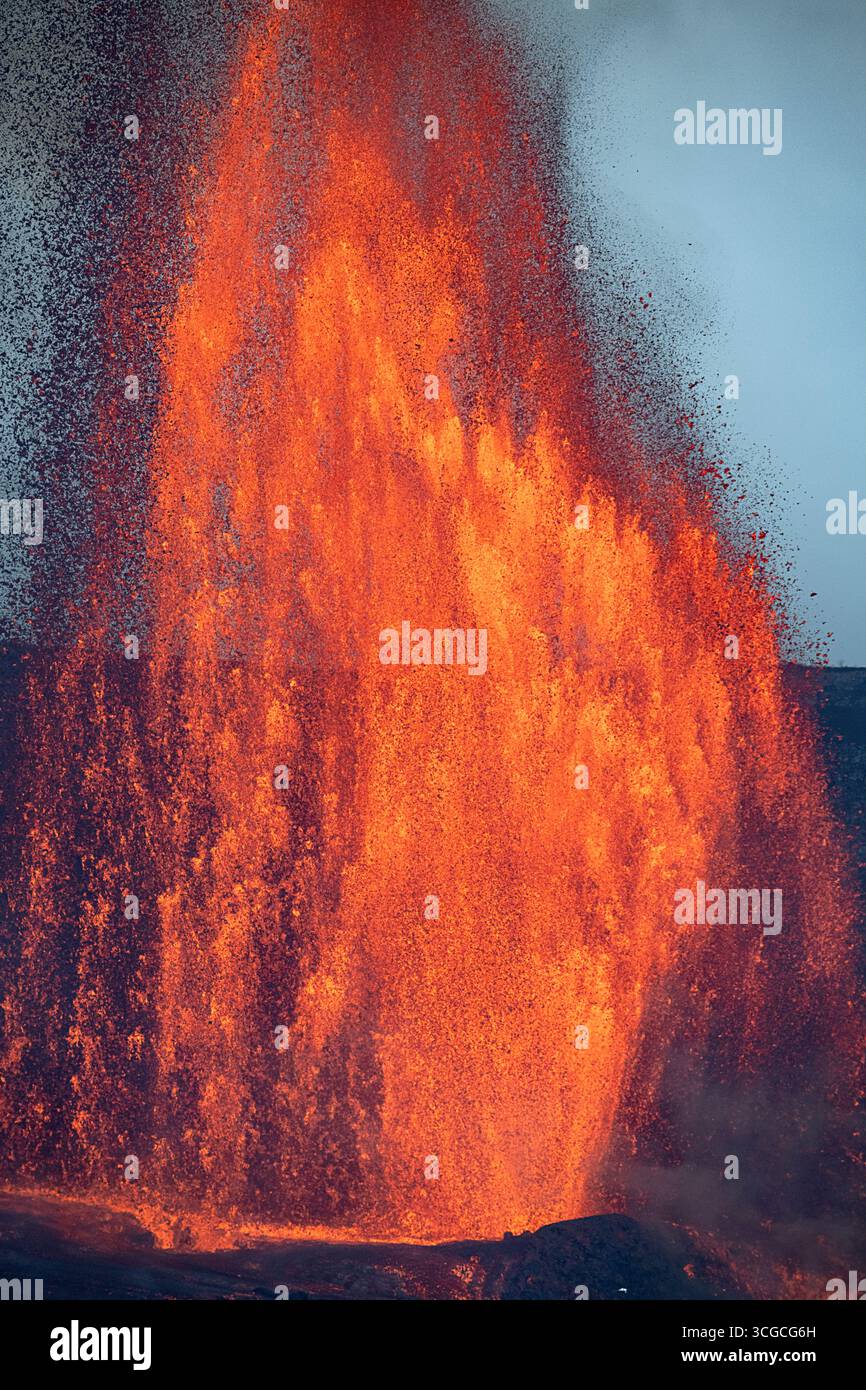 fountain of hot lava shoots up over 1000 feet from the caldera of Halemaumau Crater, Kilauea Volcano, Hawaii Volcanoes National Park, Hawaii Island Stock Photo
