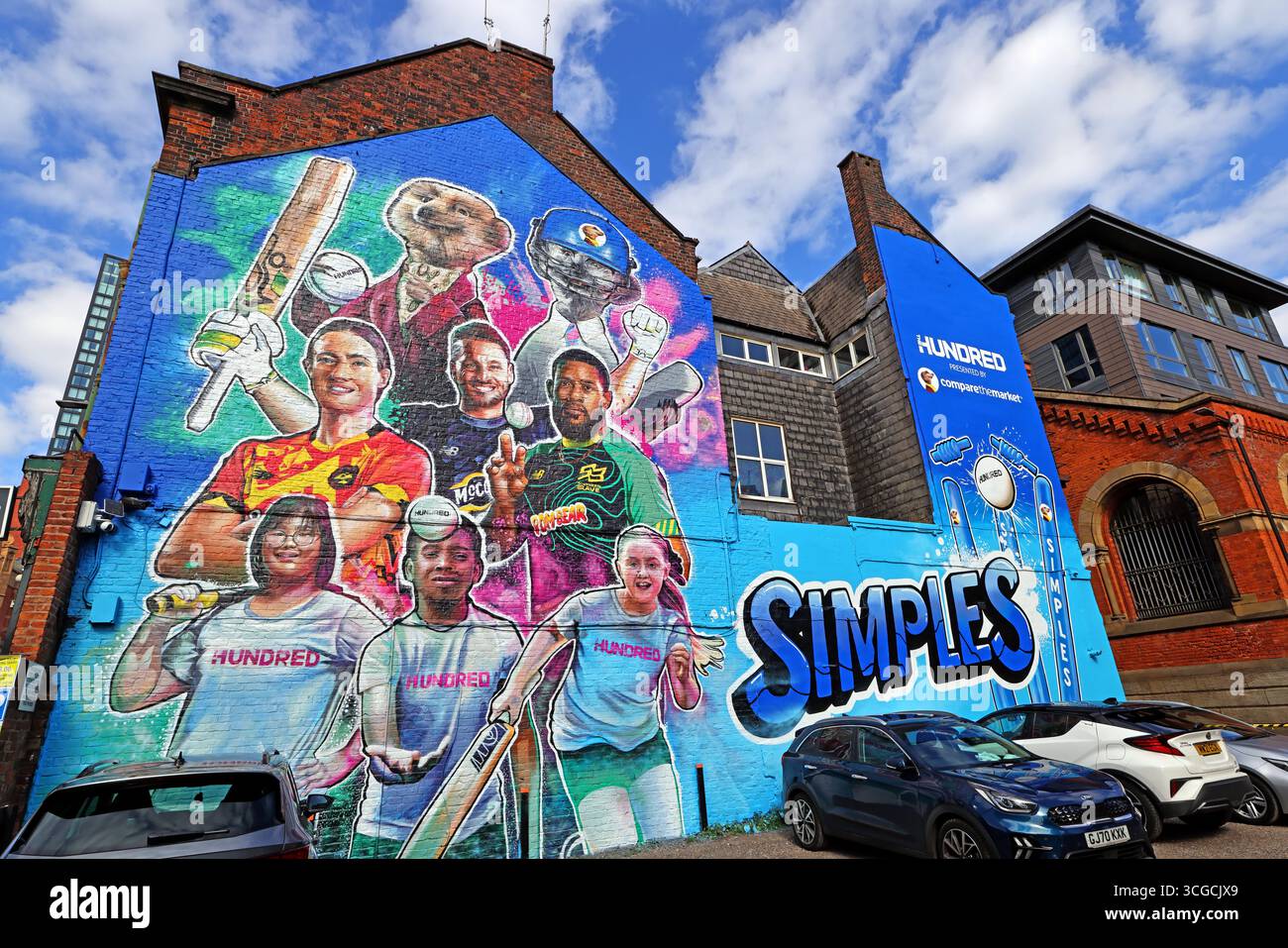 Large-scale mural in Manchester celebrating The Hundred and the city’s team, Manchester Originals, featuring male and female players together Stock Photo