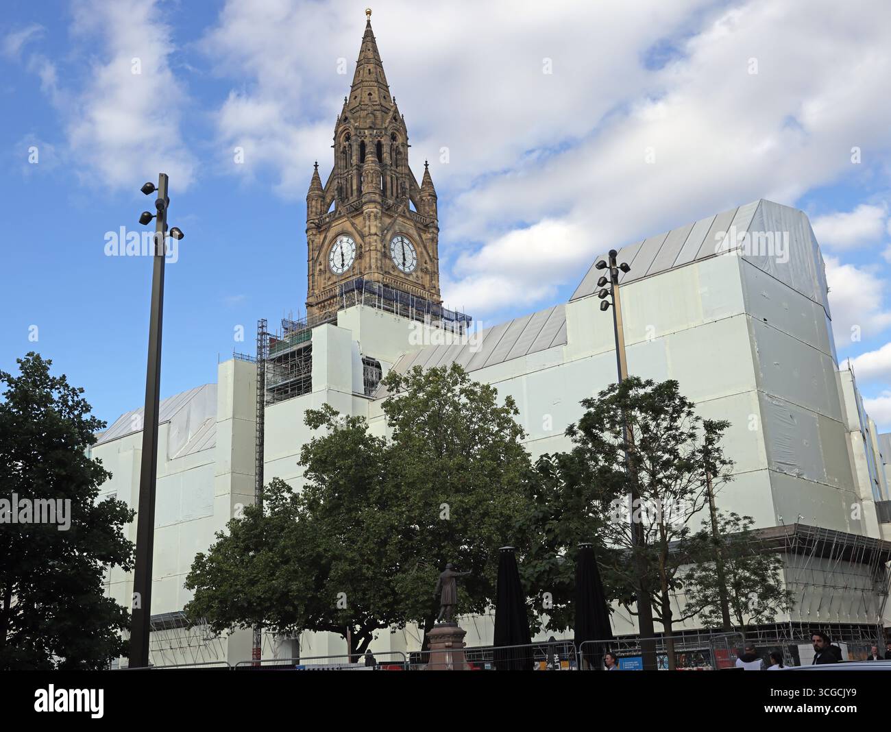 Manchester Town Hall under renovation in Albert Square, Manchester city centre, England, UK, photographed in August 2025. The iconic clock tower shown Stock Photo