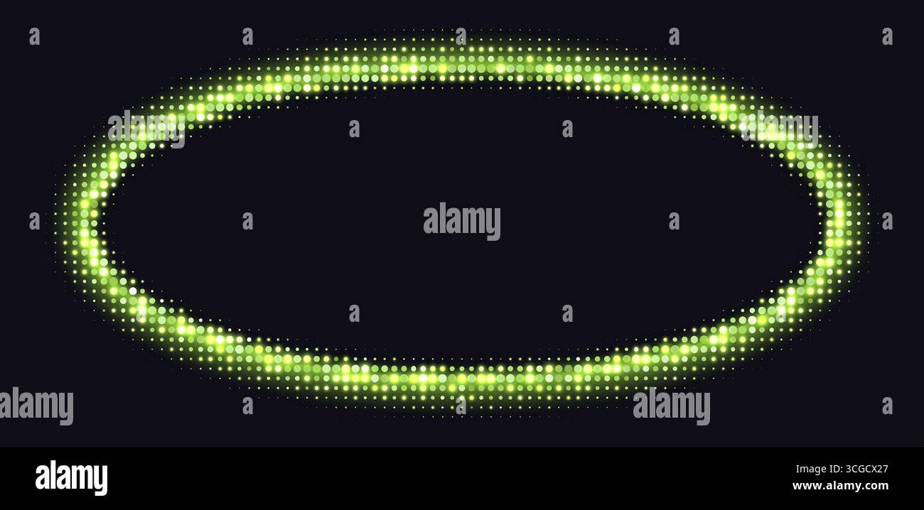 Golden halftone frames, glowing circle borders, round pattern with dots, radial disco luxury design element. Stock Vector