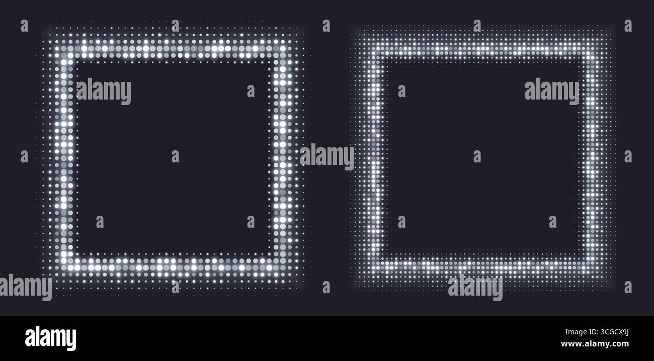 Silver halftone frames, glowing square borders, pattern with dots, radial disco luxury design element. Stock Vector