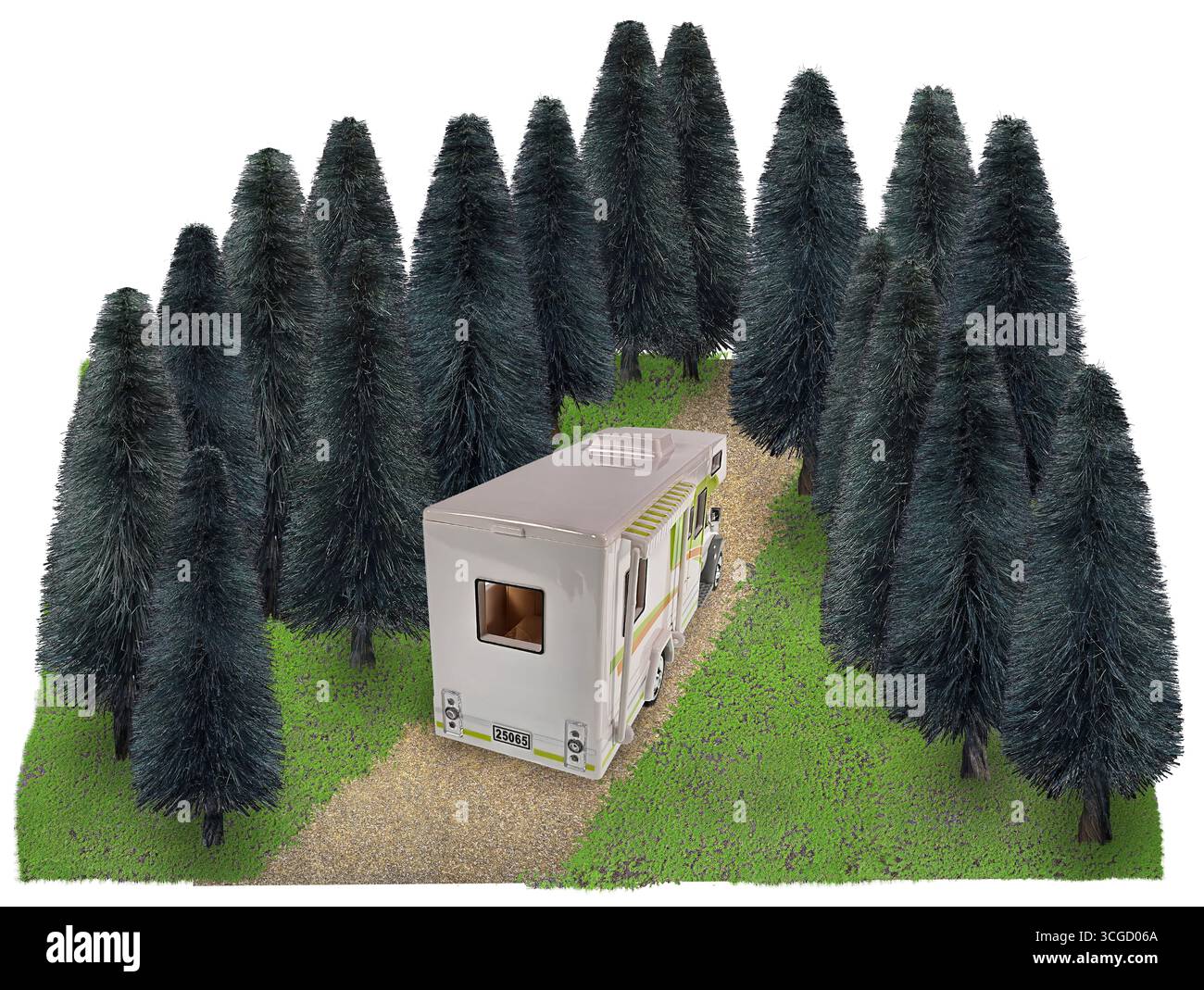 RV Driving through the woods of tall trees on a dirt road Stock Photo ...