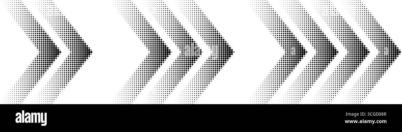 Halftone arrows, graphic pointers set, dynamic symbols with speed effect. Stock Vector