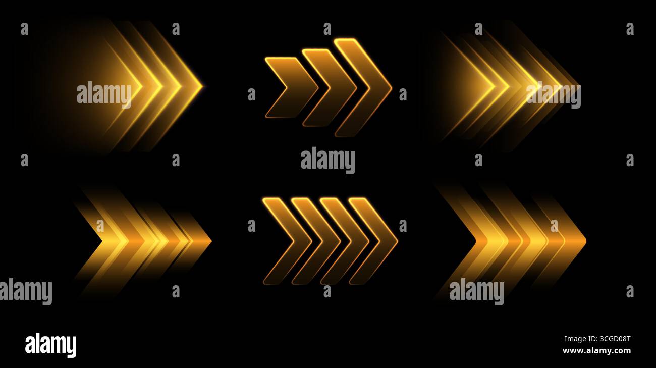 Glowing golden arrows, dynamic glowing pointers, fast motion concept. Stock Vector