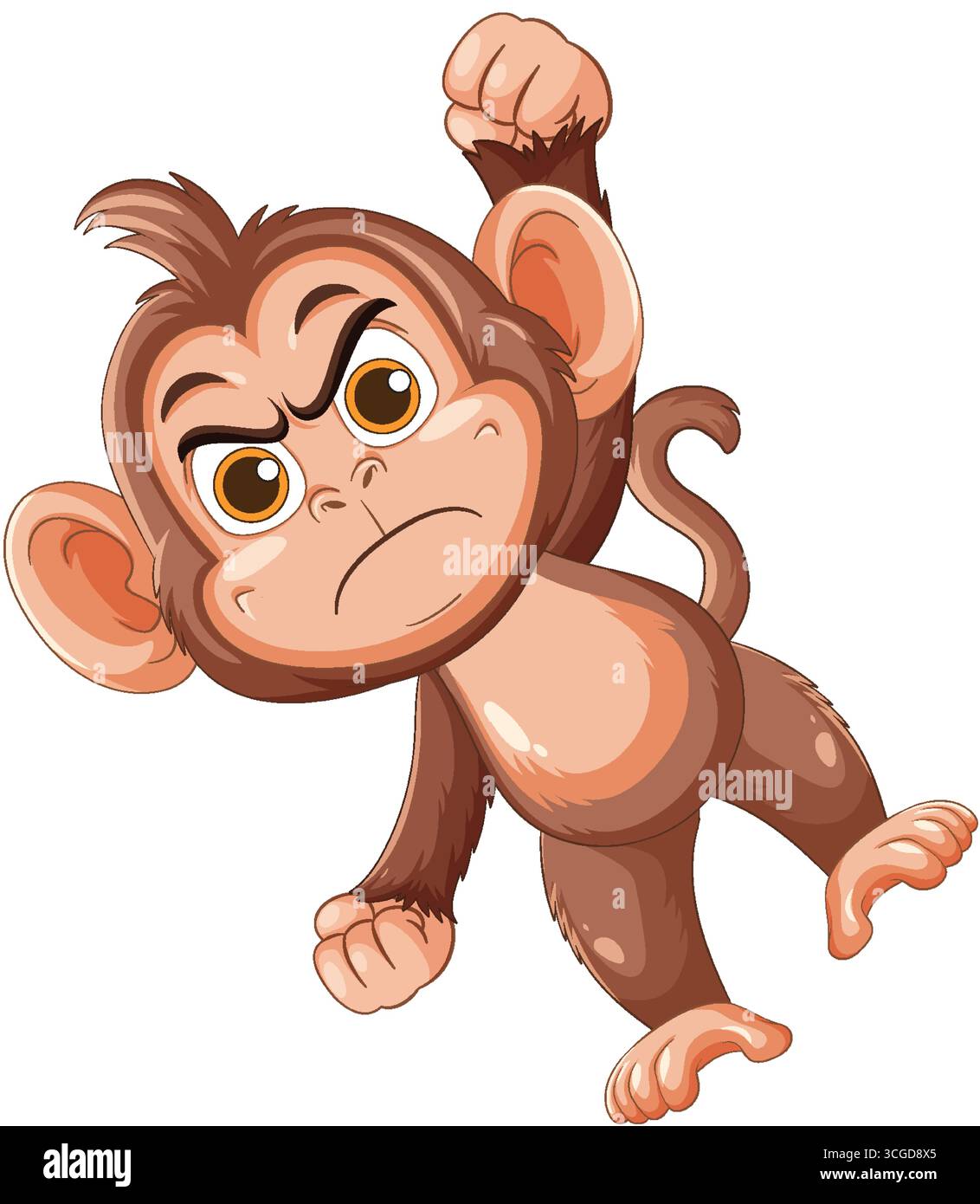 Bold vector cartoon of angry monkey with expressive eyes, clenched fists, dynamic pose, white background. Stock Vector