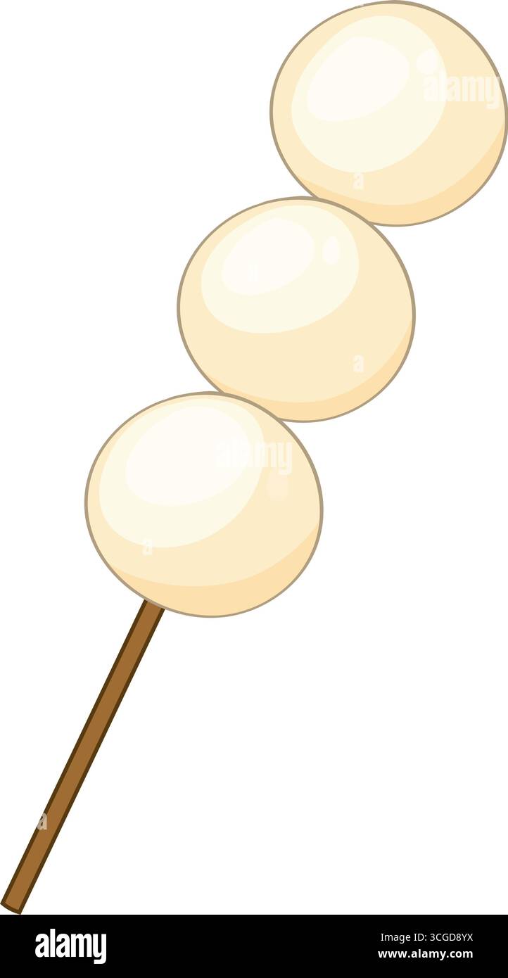 Three white dango rice balls on skewer, flat vector style, soft neutral color palette Stock Vector