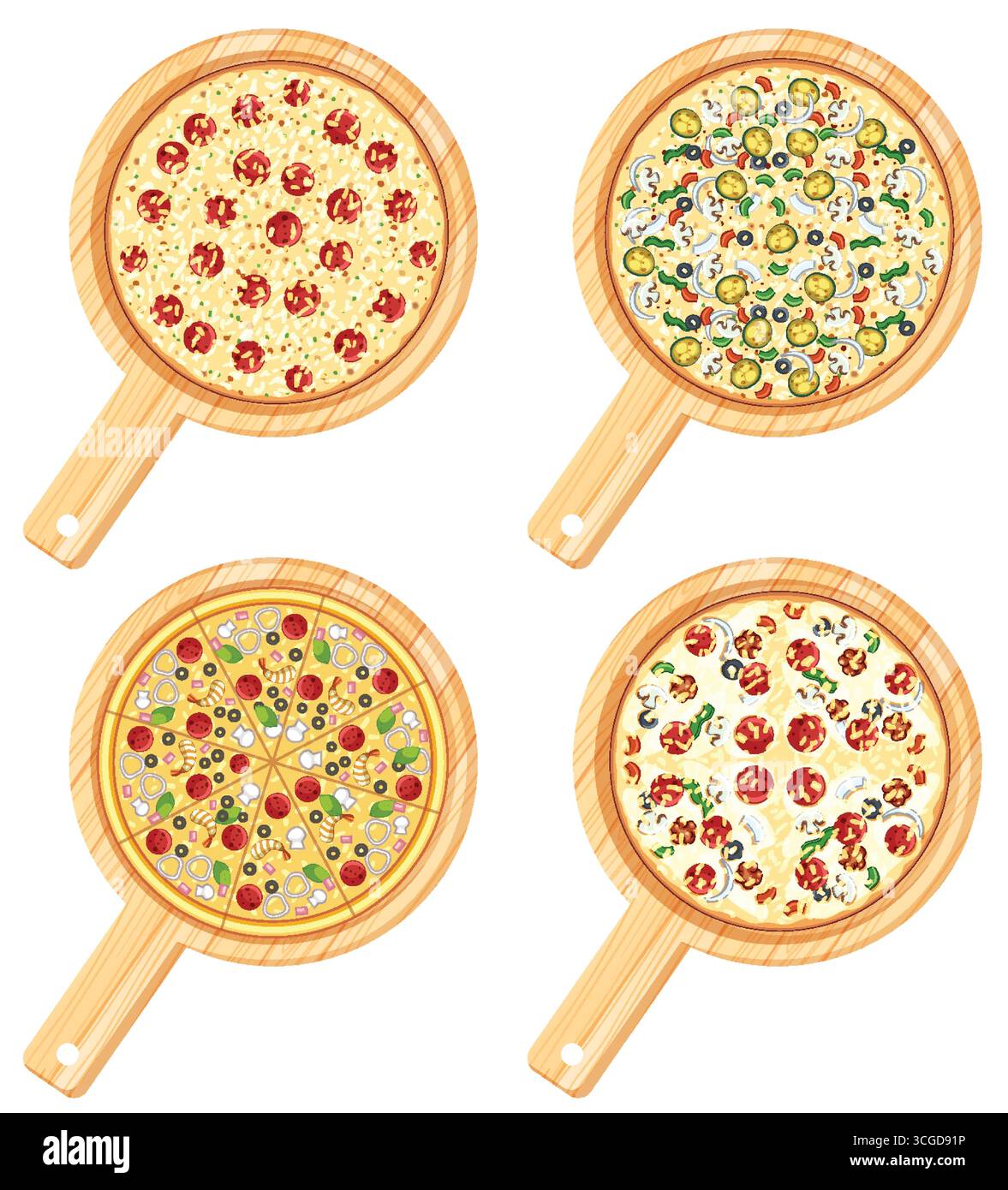 Pizza Base Vector Top view vector illustration of four assorted pizzas with colorful ...