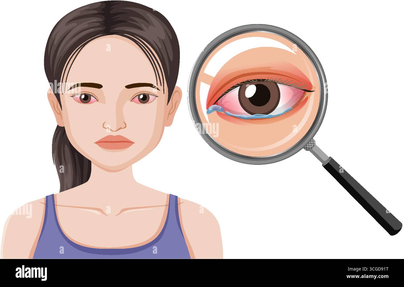 Vector illustration of woman with red, irritated eyes under magnifying glass, highlighting eye inflammation. Stock Vector