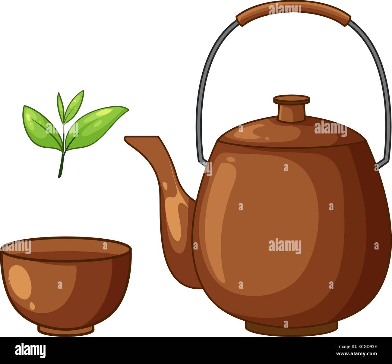 Brown teapot, matching teacup, and green tea leaf in clean vector illustration, white background Stock Vector