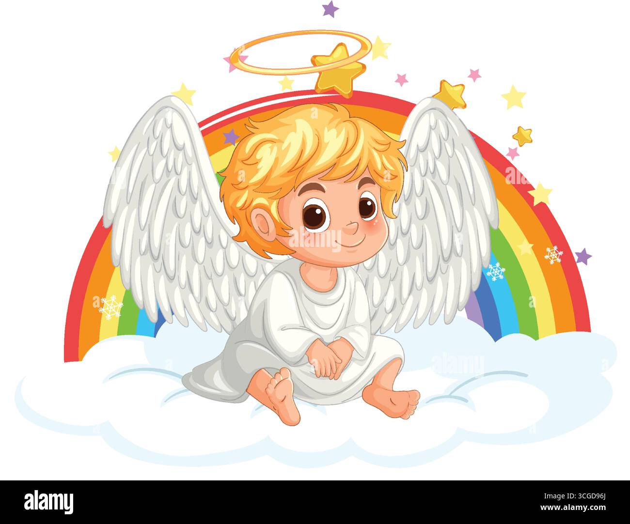 Angelic Rays Cartoon Cartoon blonde angel child with halo, wings, and star sitting on cloud ...